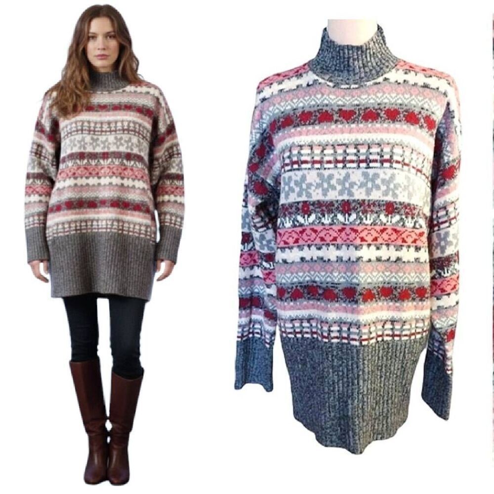 VTG 90s Stefano Pink Grey Fair Isle Mohair Blend Mock Tunic Sweater Small Oversi